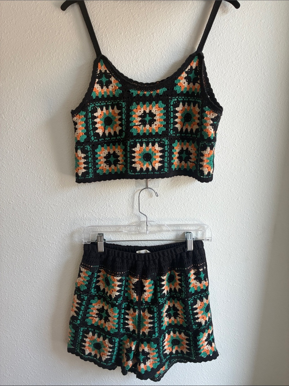 Black Crochet crop and High-Waist Shorts with Green & Orange Floral Squares